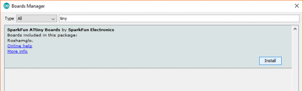 Screenshot of the Boards Manager window with "tiny" typed into the search bar. A package called "SparkFun ATtiny Boards" is in the results pane