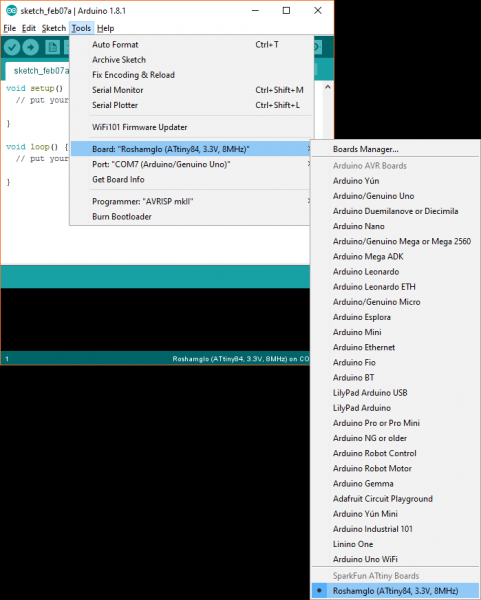 Selecting the ATtiny84 under the boards section in Arduino