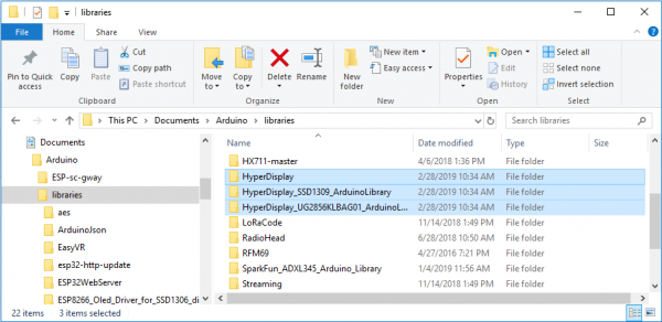 Copy the HyperDisplay libraries to your Arduino Libraries folder