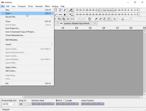 Audacity file menu