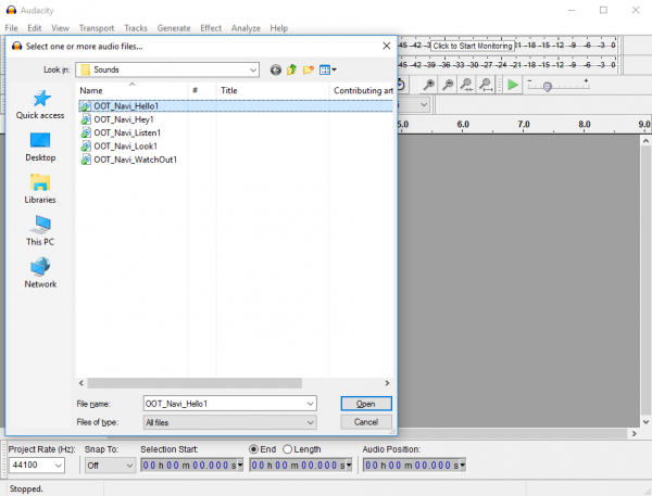 Audacity open file dialog