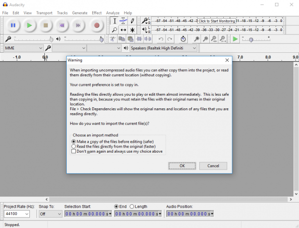 Audacity edit file warning