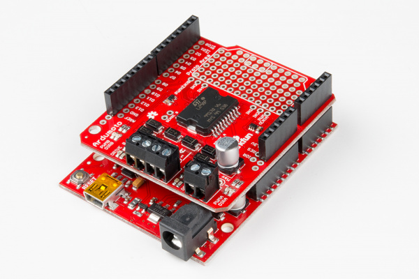 The Ardumoto Shield plugged into  a SparkFun RedBoard.