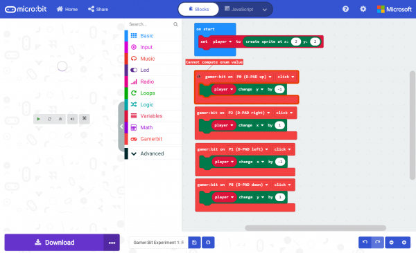 Error in MakeCode Example from gamer:bit extension