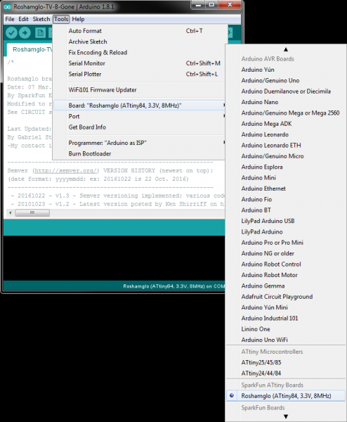 Programming Roshamglo badge with TV-B-Gone firmware