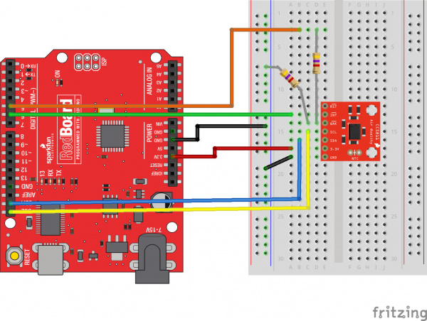 Fritzing diagram showing the connecting of the pins on the breadboard