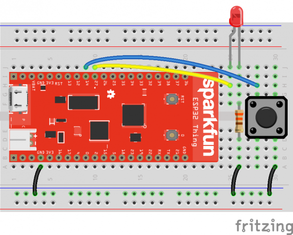 ESP32 circuit with LED and button Fritzing diagram