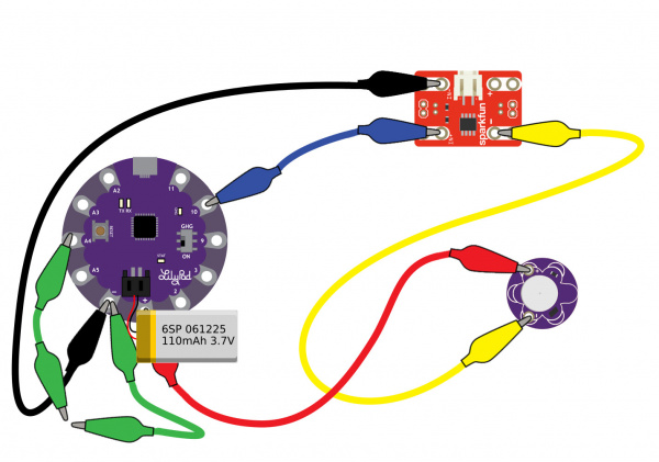 LilyPad Arduino USB, MOSFET Power Controller, and Vibe Board with LiPo Battery