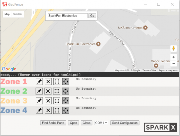 screenshot of the geofence software with the map centered on Sparkfun HQ.