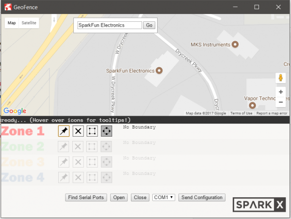 screenshot of the geofence software in Zone 1 Edit Mode.