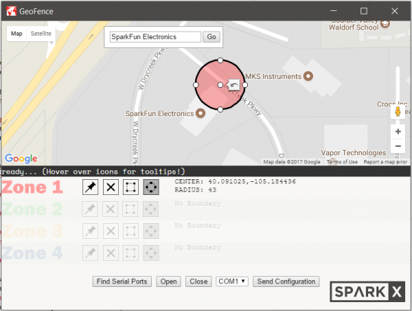screenshot of the geofence software in edit mode with a circular zone on the map.