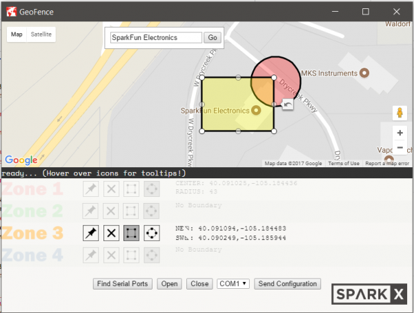 screenshot of the geofence software in Zone 3 edit mode with a rectangular zone on the map.