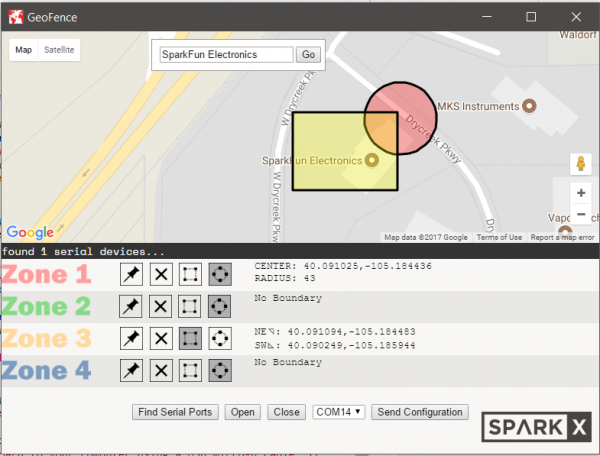 screenshot of the geofence software showing one active serial device.