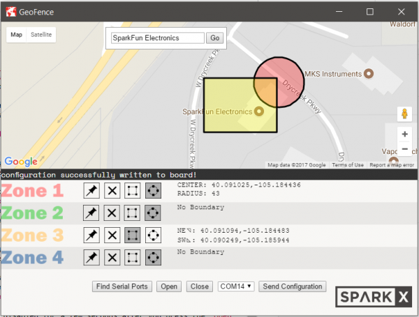 screenshot of the geofence software after a successful board configuration.