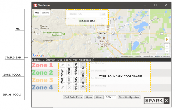 screenshot of the geofence software with all of the UI elements labeled.