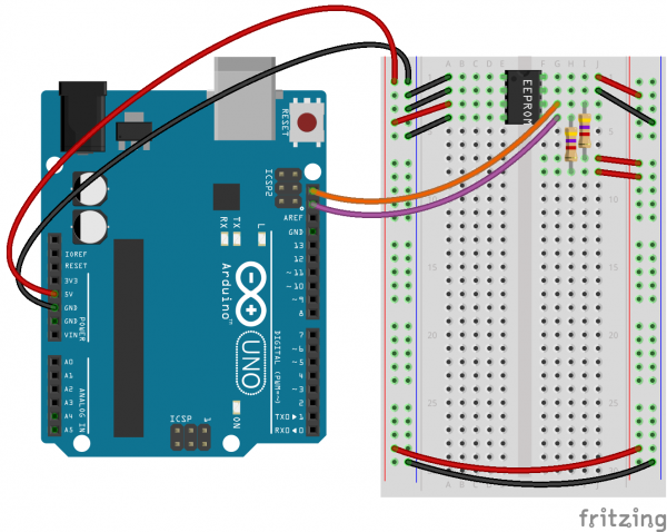 drawing showing the correct way to wire an I2C EEPROM device to an Arduino UNO