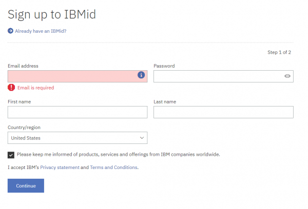 IBM ID creation page