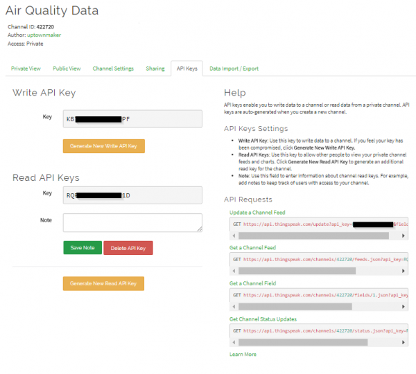 ThingSpeak API Keys page