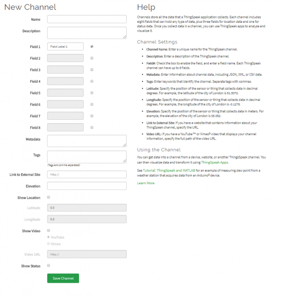 ThingSpeak new channel page