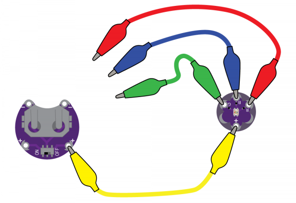 LilyPad Tri-Color LED connected to three alligator clips and a LilyPad Battery Holder