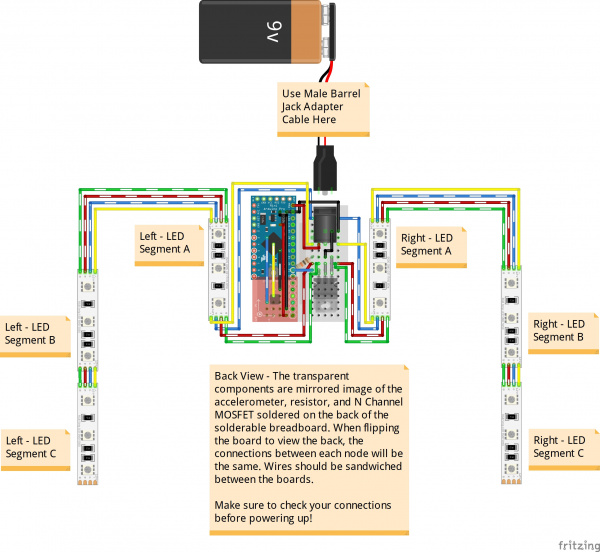 Wearable Motion Controlled LED Harness Circuit - Back View