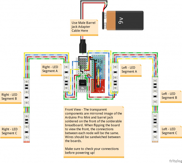 Wearable Motion Controlled LED Harness Circuit - Front View