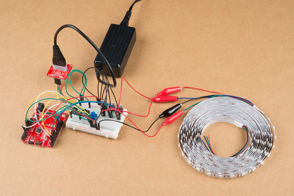 12V/5V power supply connected to an Arduino and the Non-Addressable RGB LED Strip when powering the board Remotely in an Installation