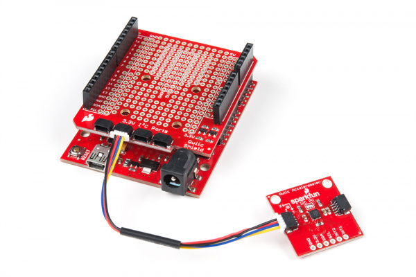 Qwiic Accelerometer connected to Qwiic Arduino Shield and RedBoard