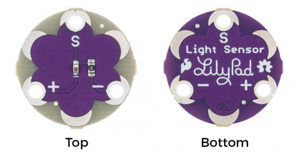 Labeled top and bottom views of the LilyPad Light Sensor board