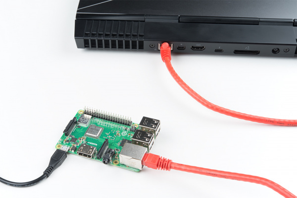 Raspberry Pi connected to computer using an Ethernet cable