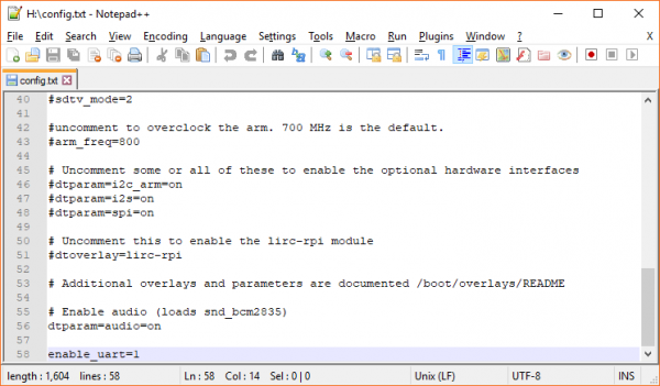 Add enable_uart=1 to config.txt