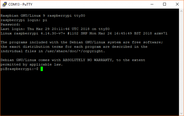 Logged in to the Raspberry Pi over a serial console