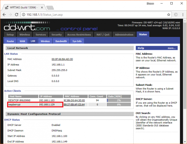 Screenshot of DHCP lease table with IP address for Raspberry Pi in WiFi router