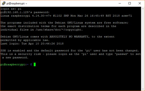 Connected to the Raspberry Pi over SSH wit PuTTY