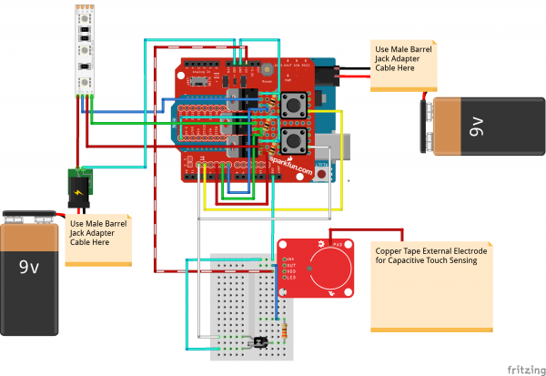 Interactive 3D Printed Lit Diamond Prop with Capacitive Touch Sensing Fritzing Circuit