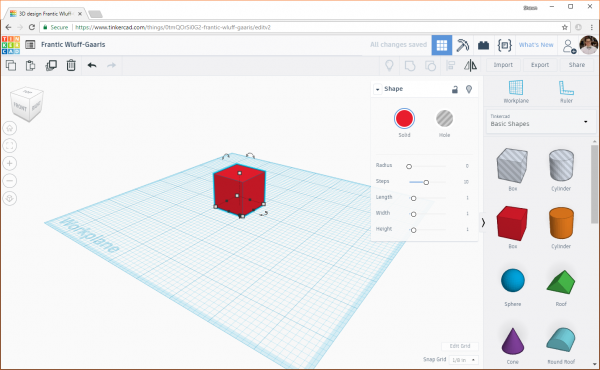 Adding a box to the workplane in Tinkercad