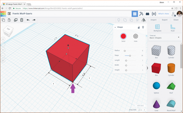 Clicking a node to edit the dimensions on an object in Tinkercad