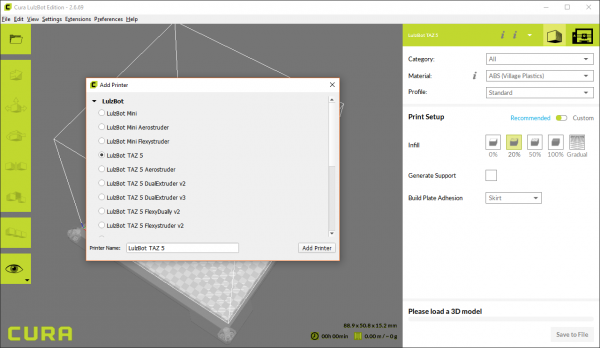 Selecting a printer from Cura LulzBot Edition