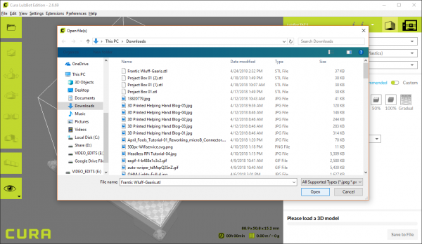 Opening a .stl file in Cura to slice