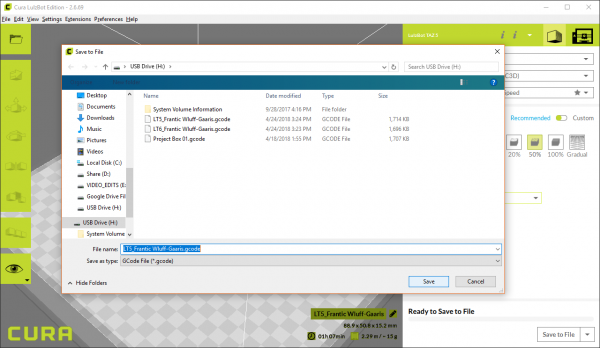 Export g-code from Cura for our 3D printer