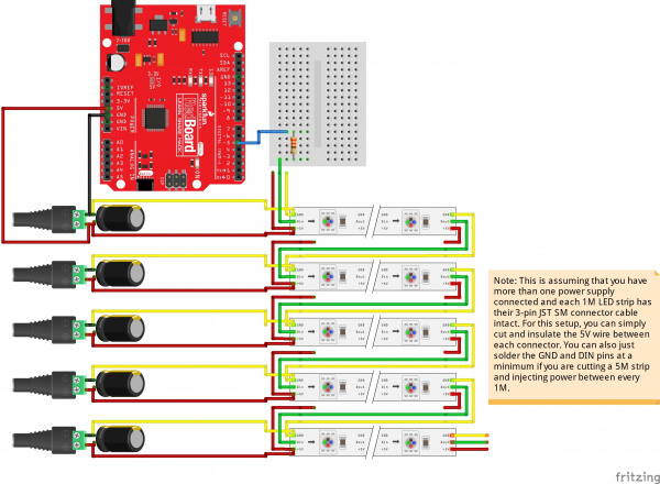 Daisy Chained LED Strip Powered with Multiple Power Supplies