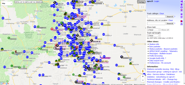 screen capture of the APRS.fi website showing APRS stations on a map