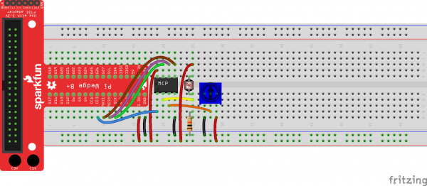 Pi Wedge Fritzing diagram to connect an MCP3002