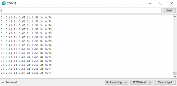 Serial monitor output showing calibrated values