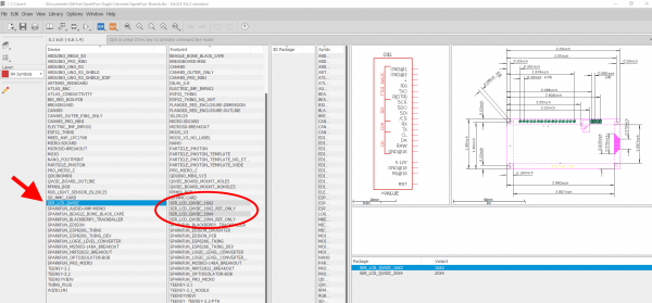 screenshot of eagle library highlighting the serlcd device