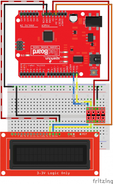Fritzing diagram showing the wiring for I2C with a redboard, a logic level converter, and the SerLCD