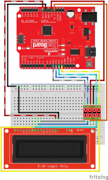 Fritzing diagram showing the wiring for SPI with a redboard, a logic level converter, and the SerLCD