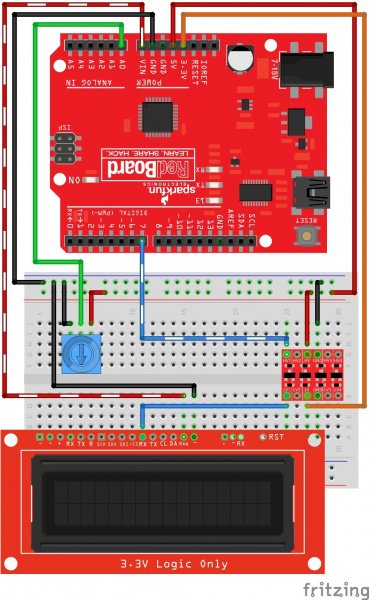 Fritzing diagram showing the wiring for Serial UART with a redboard, a logic level converter, the SerLCD, and the trimpot