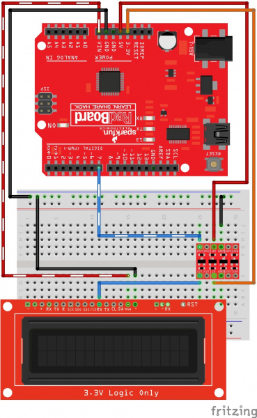 Fritzing diagram showing the wiring for Serial UART with a redboard, a logic level converter, and the SerLCD