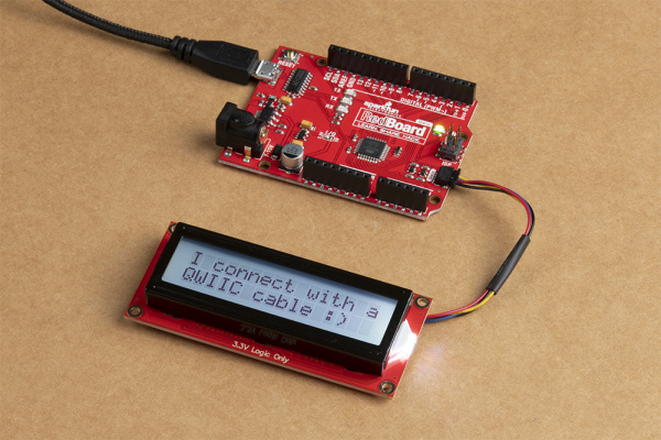 Qwiic Cable Connected Between RedBoard Qwiic and SerLCD Qwiic